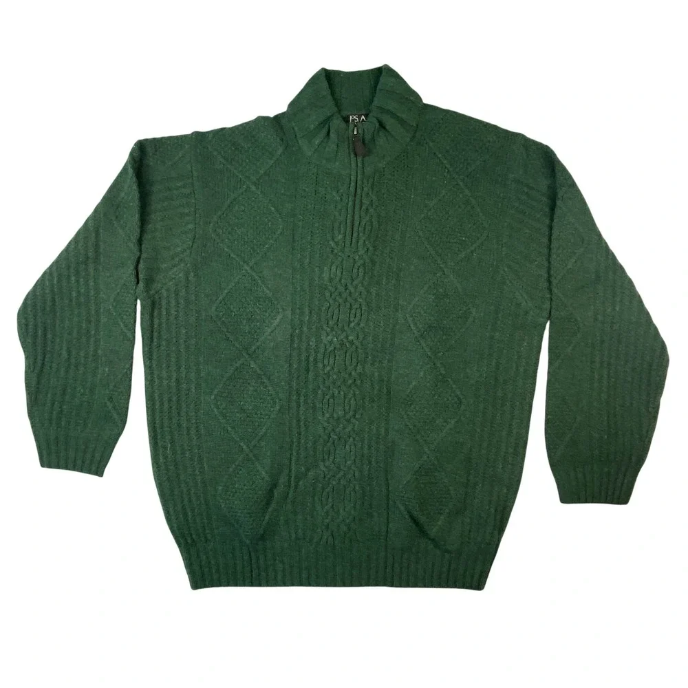 Jos A Bank Executive Collection Green Lambswool Cable Knit 1/4 Zip Sweater XXL